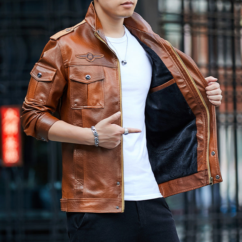 1970S East West Calfskin Motorcycle Jacket Autumn and Winter Fleece Padded Coat Flying PU Leather Jacket