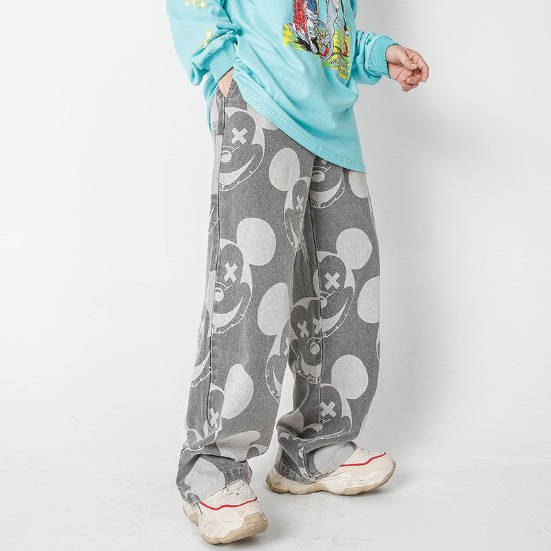 Mickey Mouse Full Printed Jeans Men's Straight-Leg Pants plus Size Street Hip-Hop Trousers Men Denim Pants Casual Fashion