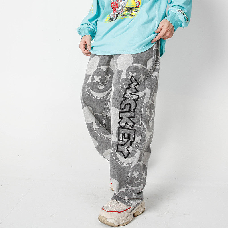 Mickey Mouse Full Printed Jeans Men's Straight-Leg Pants plus Size Street Hip-Hop Trousers Men Denim Pants Casual Fashion