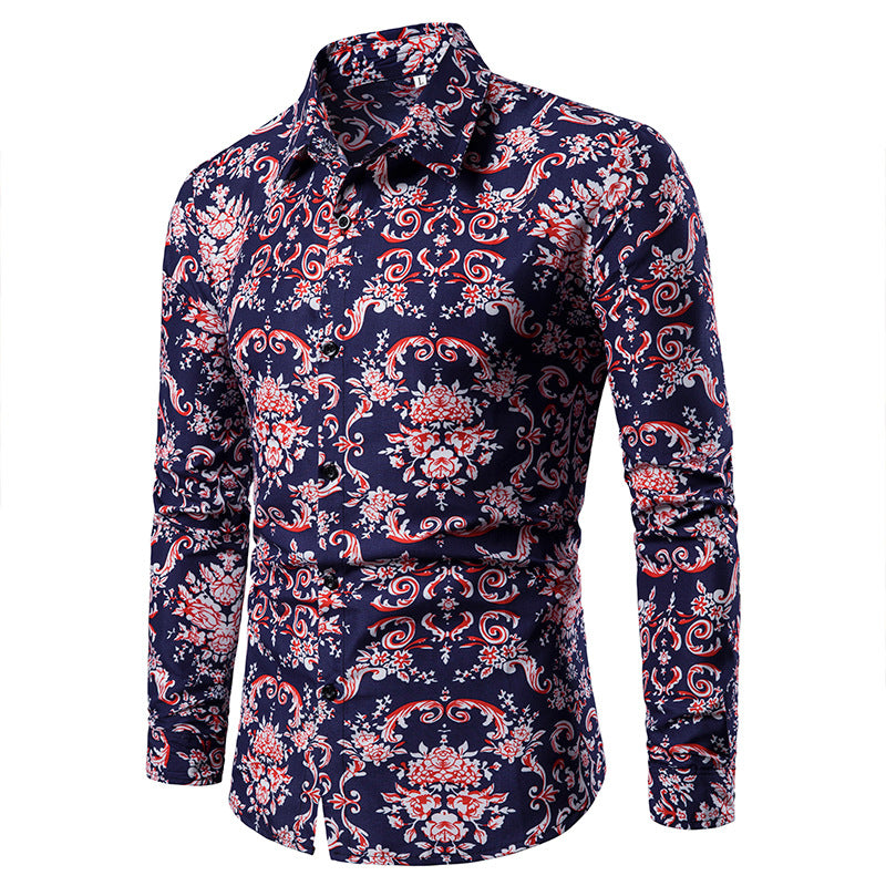 Men's Printed Long Sleeve Retro Sports Youth Fashion Trends Casual Men Shirt