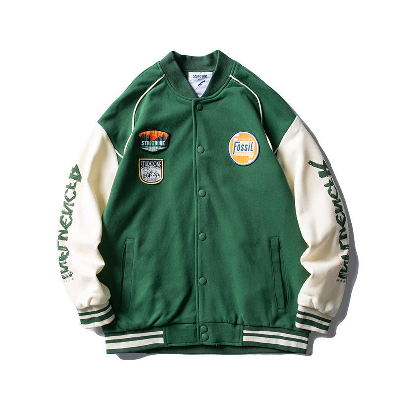Autumn Baggy Casual Jacket Colorblock Baseball Uniform Cardigan Coat plus Size Loose Men's Clothing Men Baseball Uniform