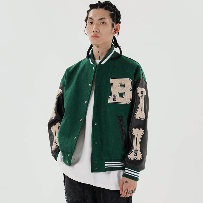 Varsity Baseball Jacket for Men Embroidered Baseball Uniform Men's Street Tide Brand Color Contrast Patchwork Jacket Hip Hop Trend Personality Coat