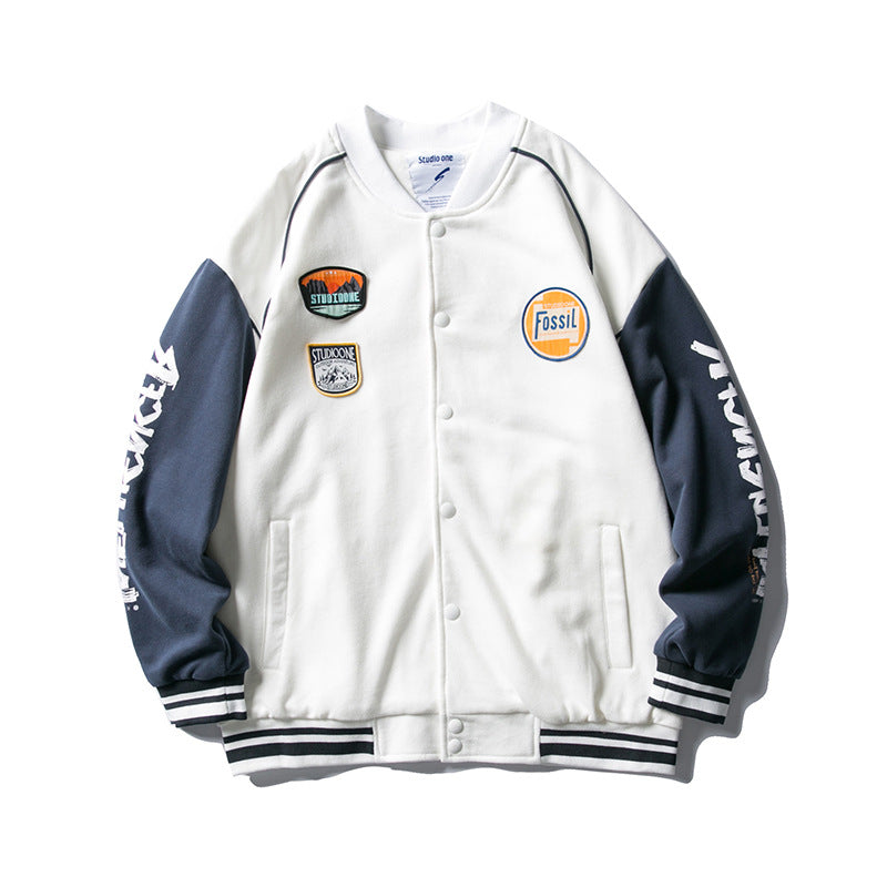 Autumn Baggy Casual Jacket Colorblock Baseball Uniform Cardigan Coat plus Size Loose Men's Clothing Men Baseball Uniform
