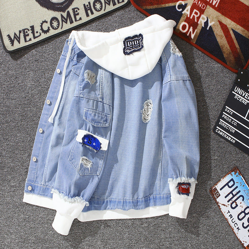 Varsity Men's Autumn Hooded Denim Jacket Baseball Jacket Versatile Casual Clothes Large Size Loose Men Denim Jacket