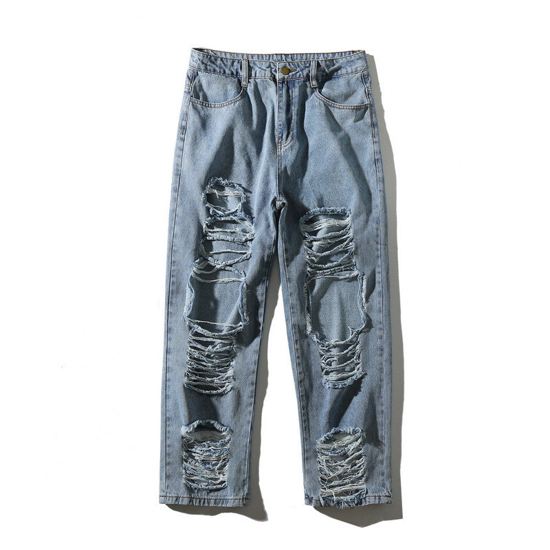 Knee Jeans Men plus Size Retro Sports Hip Hop Hiphop Straight-Leg Pants Street Trend Trousers Men Denim Pants