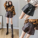 Leather Shorts Women 'S Autumn And Winter Leather Pants Loose Wide-Leg Pants Drawstring Elastic Waist Outerwear Casual Pants