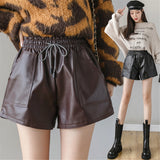 Leather Shorts Women 'S Autumn And Winter Leather Pants Loose Wide-Leg Pants Drawstring Elastic Waist Outerwear Casual Pants