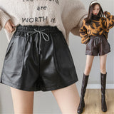 Leather Shorts Women 'S Autumn And Winter Leather Pants Loose Wide-Leg Pants Drawstring Elastic Waist Outerwear Casual Pants