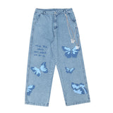 Butterfly Printed Iron Chain Jeans Men's Personalized Trendy Loose Straight Casual Trousers Large Size Retro Sports Men Denim Pants