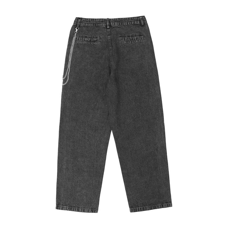 Butterfly Printed Iron Chain Jeans Men's Personalized Trendy Loose Straight Casual Trousers Large Size Retro Sports Men Denim Pants