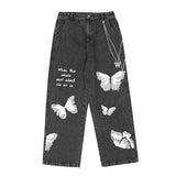 Butterfly Printed Iron Chain Jeans Men's Personalized Trendy Loose Straight Casual Trousers Large Size Retro Sports Men Denim Pants