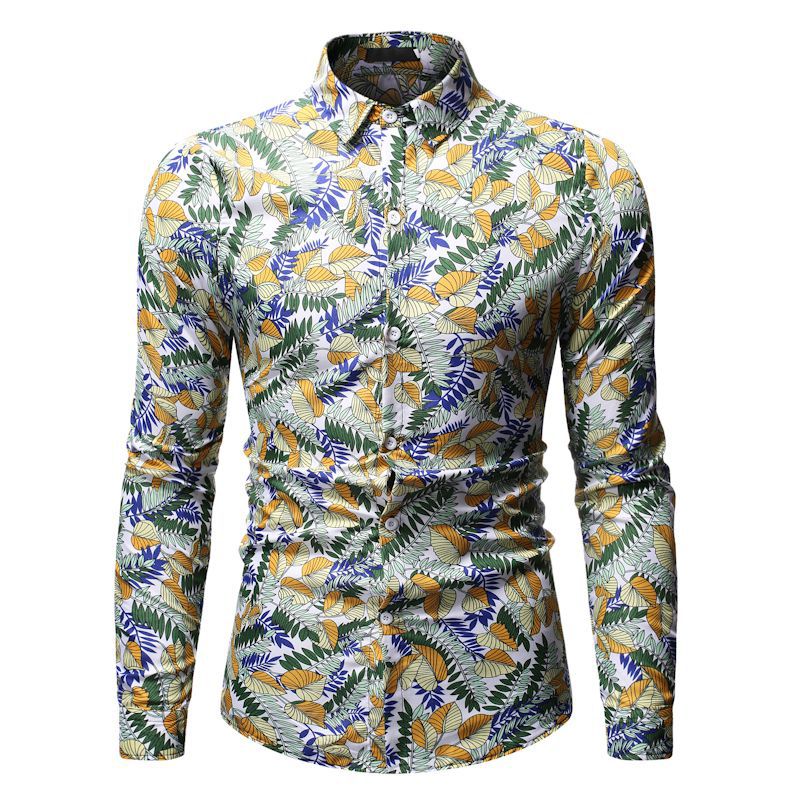 Men's Fashion Printed Long Sleeve plus Size Retro Sports Youth Casual Floral Men Shirt