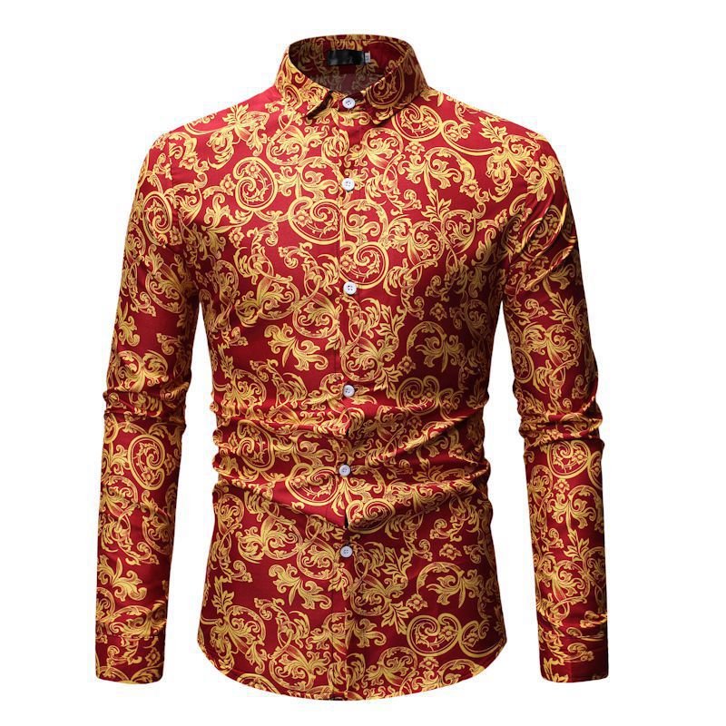 Men's Clothing Print Long Sleeve Retro Sports Youth Fashion Trends Casual Floral Men Shirt