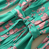 Green Fairycore Dress Autumn Butterfly Collar Lantern Sleeve Green Printing Waist Mid-Length Dress