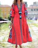 Red Peasant Dress Autumn and Winter Dress A- Line Digital Printing Burning Flower Dress