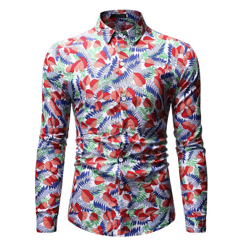 Men's Fashion Printed Long Sleeve plus Size Retro Sports Youth Casual Floral Men Shirt