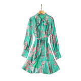 Green Fairycore Dress Autumn Butterfly Collar Lantern Sleeve Green Printing Waist Mid-Length Dress