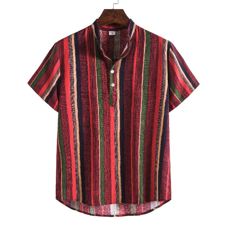 Men's Ethnic Style Linen Stand Collar Striped Short Sleeve Retro Sports Youth Fashion Casual Men Shirt