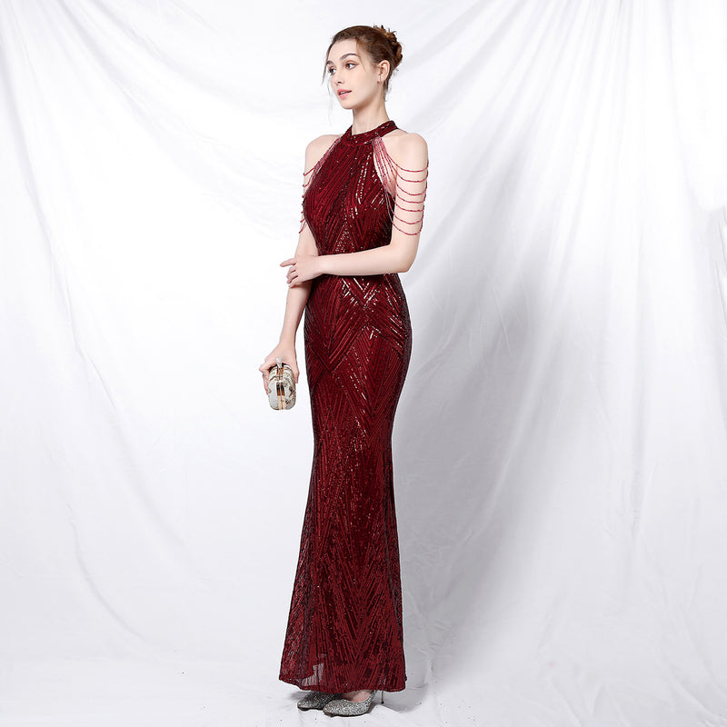 Flapper Dress Banquet Elegant Long Halter Set Diamond Sequined Aura Queen Fishtail Evening Gown