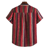 Men's Ethnic Style Linen Stand Collar Striped Short Sleeve Retro Sports Youth Fashion Casual Men Shirt