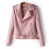 Hot Pink Motorcycle Jacket Autumn Women Clothing Pocket Zipper Sexy Slim-Fitting Biker PU Leather Coat