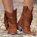 Coachella Cowboy Boots Plus Size Tassel Boots Mid-Calf Chunky Heel Side Zipper Boots