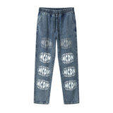 Letter Printed Jeans Men plus Size Retro Sports Trousers Straight Pants Men's Clothing Straight Men Denim Pants