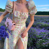 Puff Sleeve Floral Tie-Neck High Slit Maxi Dress