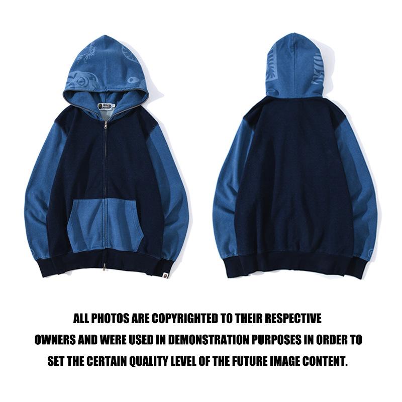 A Ape Print Hoodie Stitching Denim Color Sweater Zipper Hoodie Coat