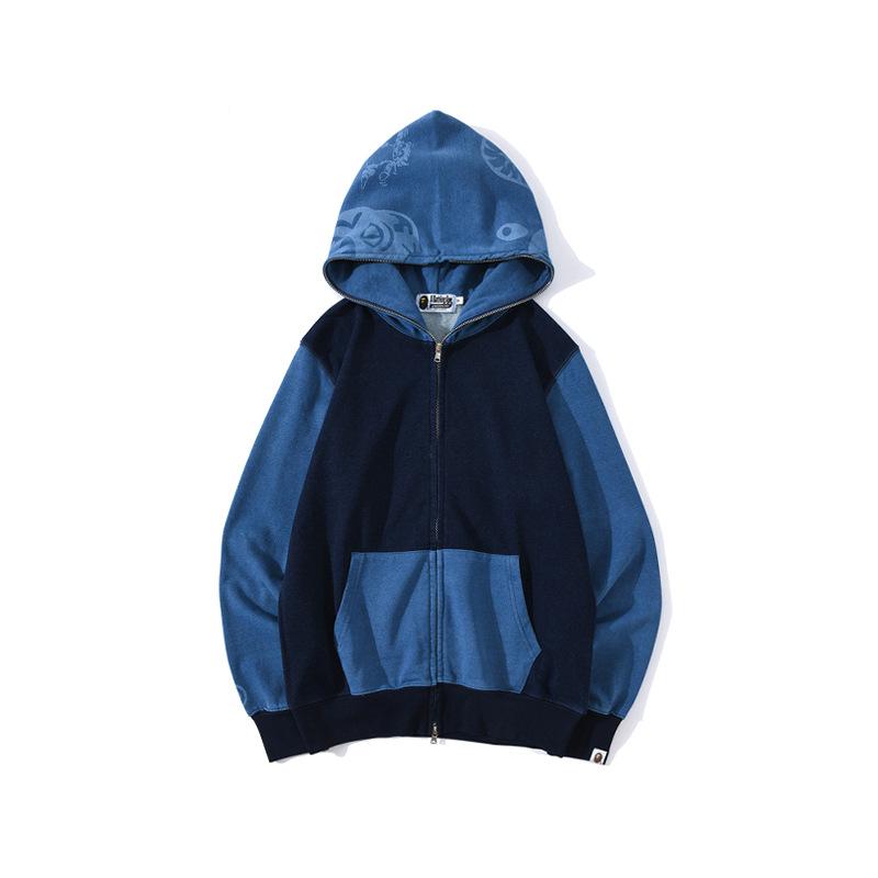 A Ape Print Hoodie Stitching Denim Color Sweater Zipper Hoodie Coat