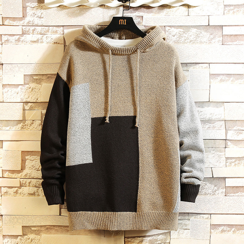 Winter Men's Loose Color Matching Hooded Pullover Sweater plus Size Fashion Casual Sweater Coat Men Pullover Sweaters