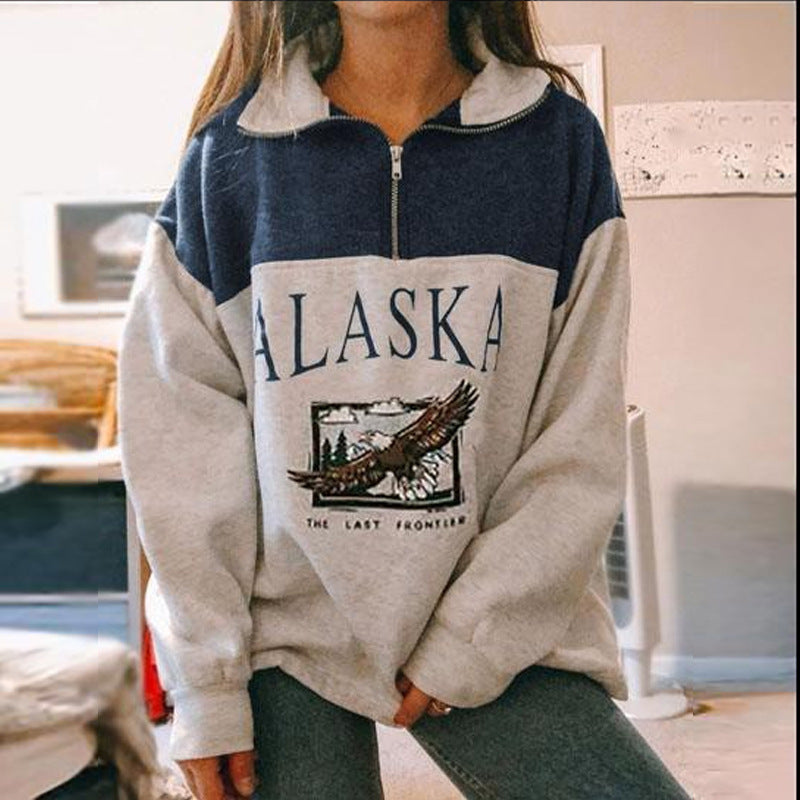 Alaska Zip Jacket Autumn Women Clothing Fashion Polo Collar Printed Long-Sleeved Top
