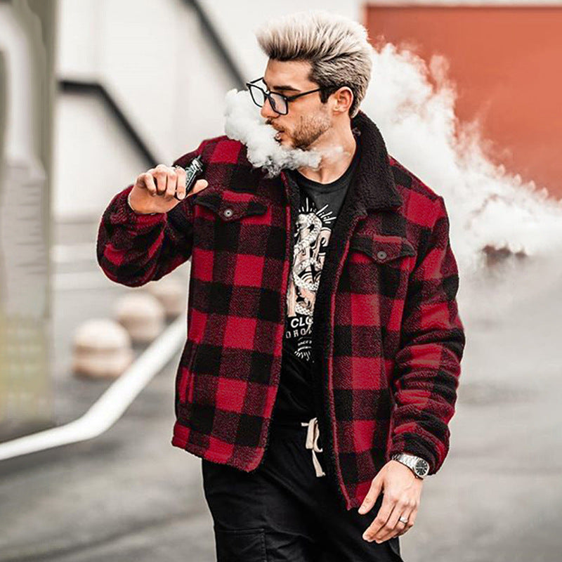 Red Plaid Lapel Zipper Coat Plush Warm Double-Sided Velvet Casual Men's Clothing