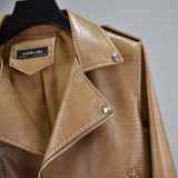 Studded Jackets Suit Collar Waist Trimming Short Hem Belt Snakeskin Pattern Biker's Leather Jacket