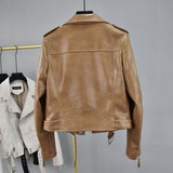 Studded Jackets Suit Collar Waist Trimming Short Hem Belt Snakeskin Pattern Biker's Leather Jacket
