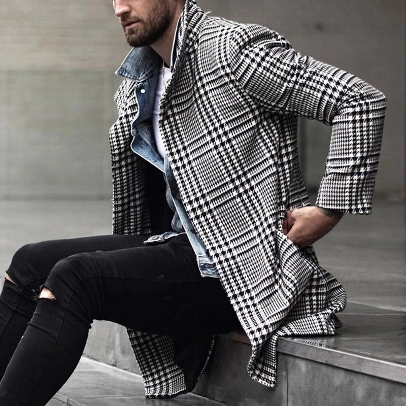 Plaid Peacoat Mens Fall Winter Fashion Plaid Lapel Overcoat Mid-Length Coat