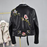 Women's Leather Jacket with Patches Women's Rivet Suit Collar Embroidered Hem Belt Short Leather Jacket