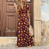 Red Peasant Dress Fashionable Bohemian Style V-neck Floral Dress