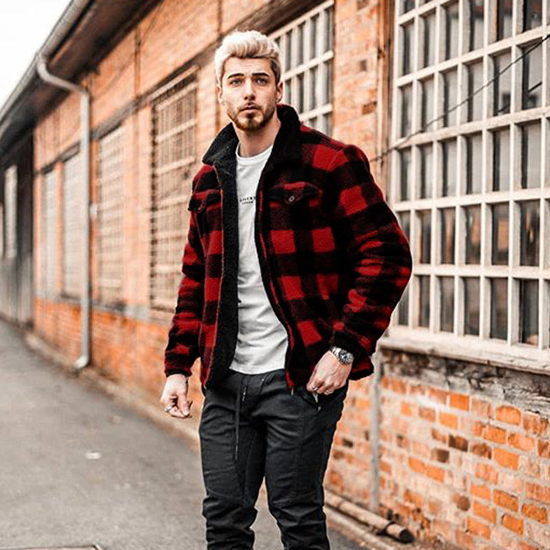 Red Plaid Lapel Zipper Coat Plush Warm Double-Sided Velvet Casual Men's Clothing