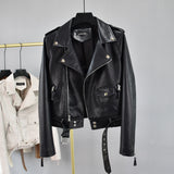 Studded Jackets Suit Collar Waist Trimming Short Hem Belt Snakeskin Pattern Biker's Leather Jacket