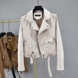 Studded Jackets Suit Collar Waist Trimming Short Hem Belt Snakeskin Pattern Biker's Leather Jacket