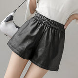 Leather Shorts Loose Spring A- Line Wide Leg Slimming Autumn and Winter High Waist Leather Shorts