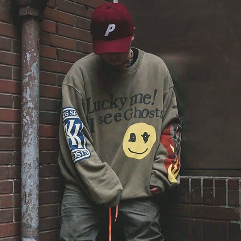 Kanye West Kanye Smiley Face Heart Graffiti Sweater Loose round Neck Puff Print Sweater