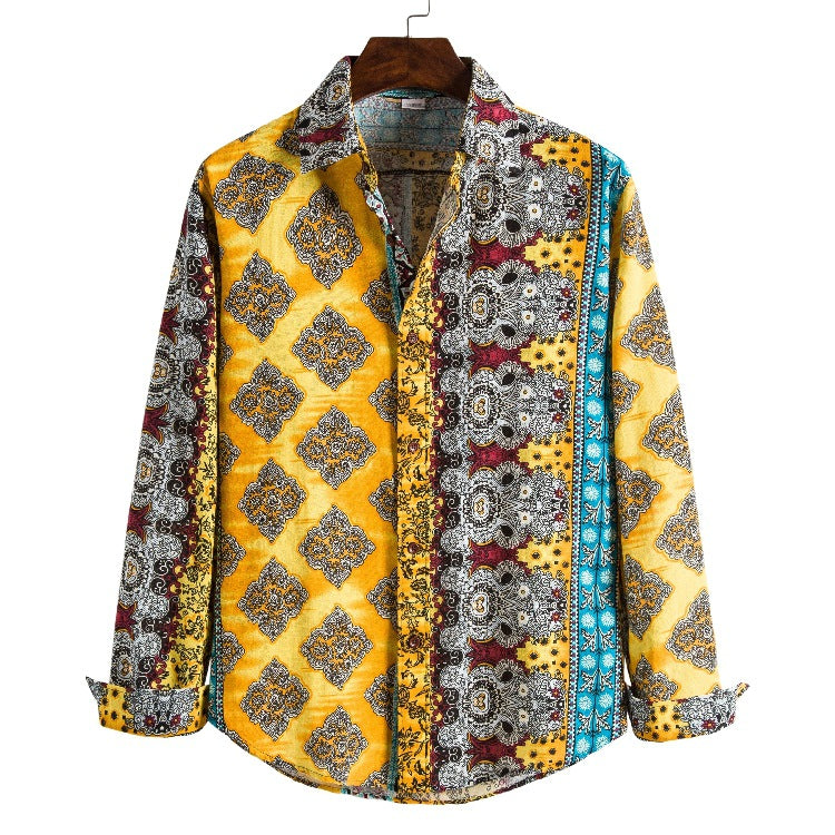 Men's Long Sleeve Flower plus Size Fashion Casual Slim Fit Retro Sports Men Shirt