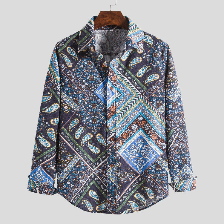 Men's Long Sleeve Flower plus Size Fashion Casual Slim Fit Retro Sports Men Shirt