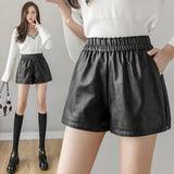 Leather Shorts Loose Spring A- Line Wide Leg Slimming Autumn and Winter High Waist Leather Shorts