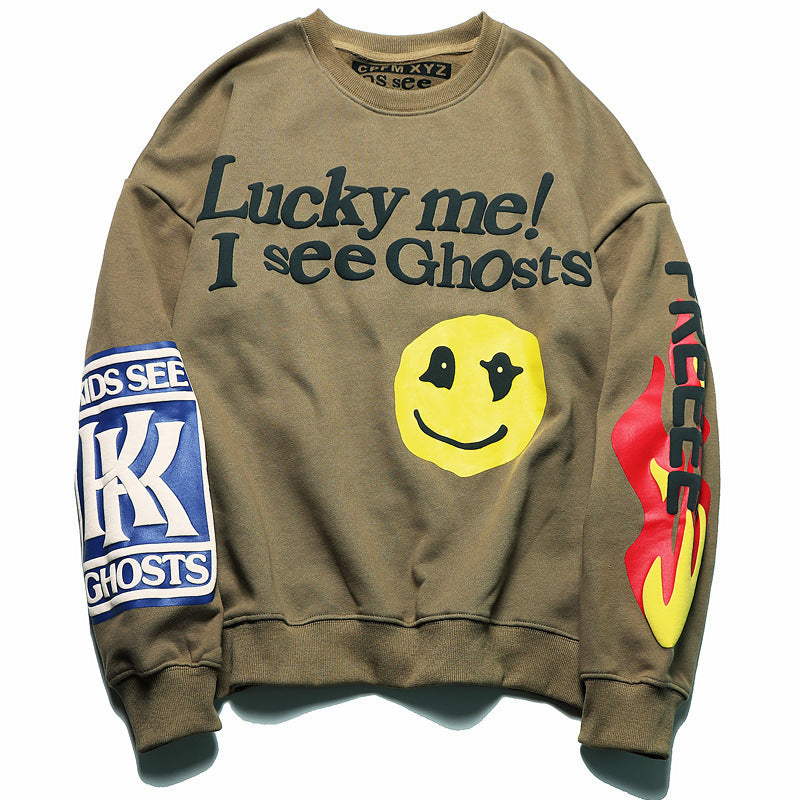 Kanye West Kanye Smiley Face Heart Graffiti Sweater Loose round Neck Puff Print Sweater