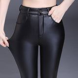 Leather Leggings Matt Leather Pants Female Velvet Padded Thickened Outer Wear Tight High Waist Autumn and Winter Trousers
