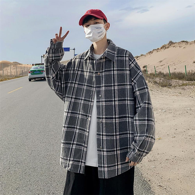 Autumn and Winter Large Size Men's Long Sleeve Shirt Casual Overshirt Youth Men's Clothing Men's Large Size Retro Sports Men Shacket