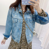 Pearl Jean Jacket Spring Nail Pearl BF Style Loose Washed-out Jacket Top